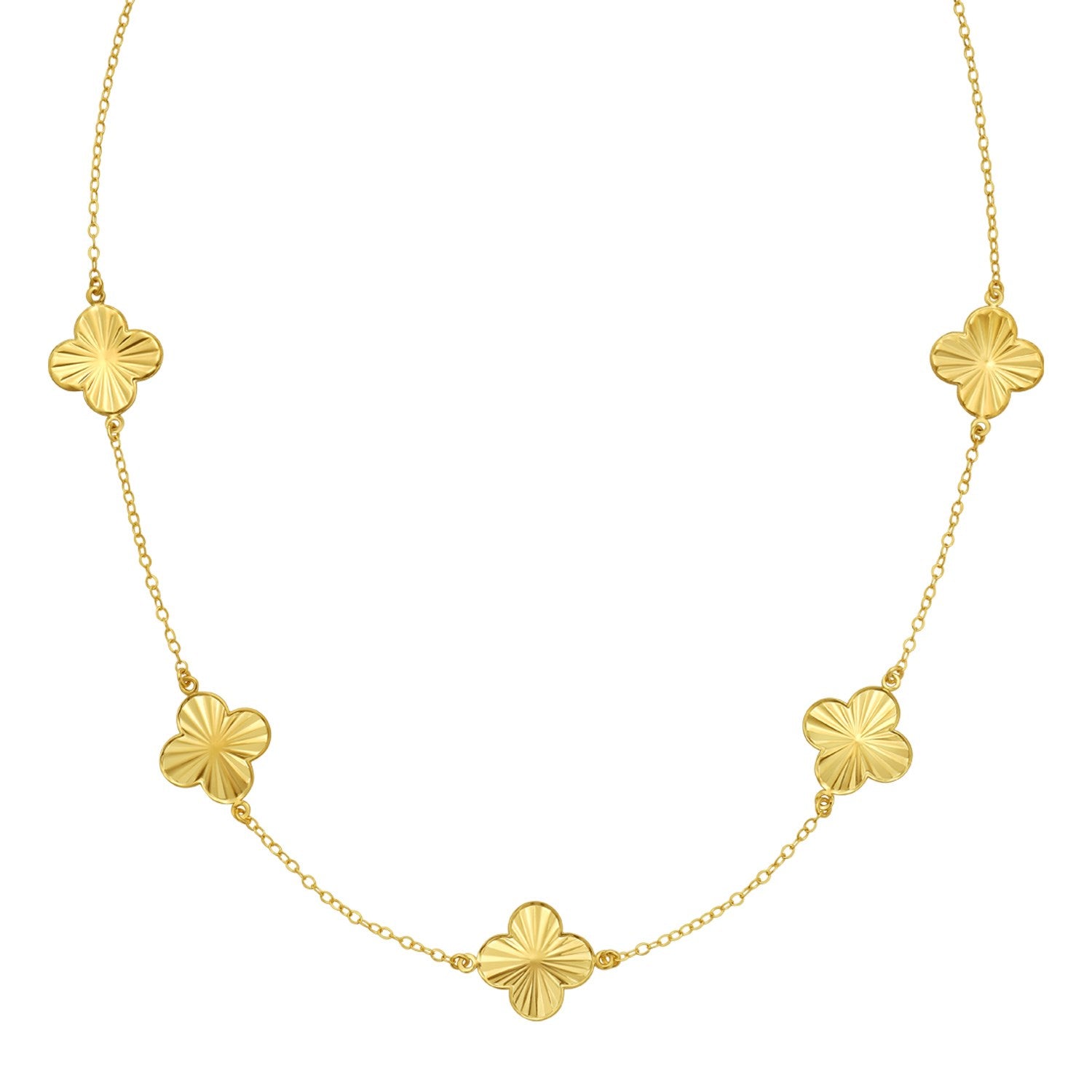 14k yellow gold contemporary clover necklace with a delicate chain, embodying elegance and timeless style.