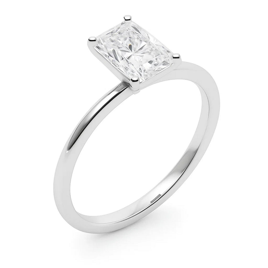 5 carat radiant lab-grown diamond solitaire ring in elegant 10K white gold, showcasing refined craftsmanship and luxury.