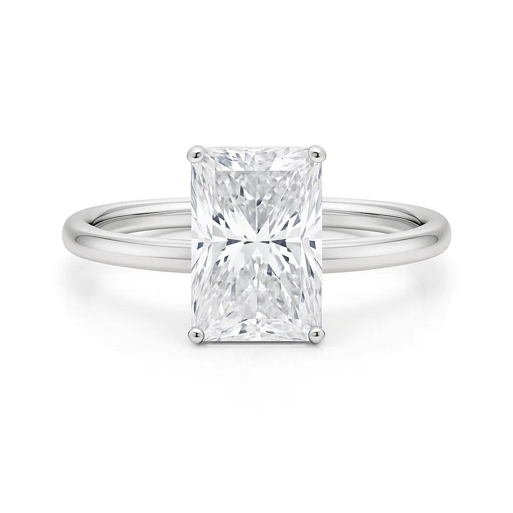 5 carat radiant lab-grown diamond solitaire ring in elegant 10K white gold, showcasing timeless luxury and brilliance.