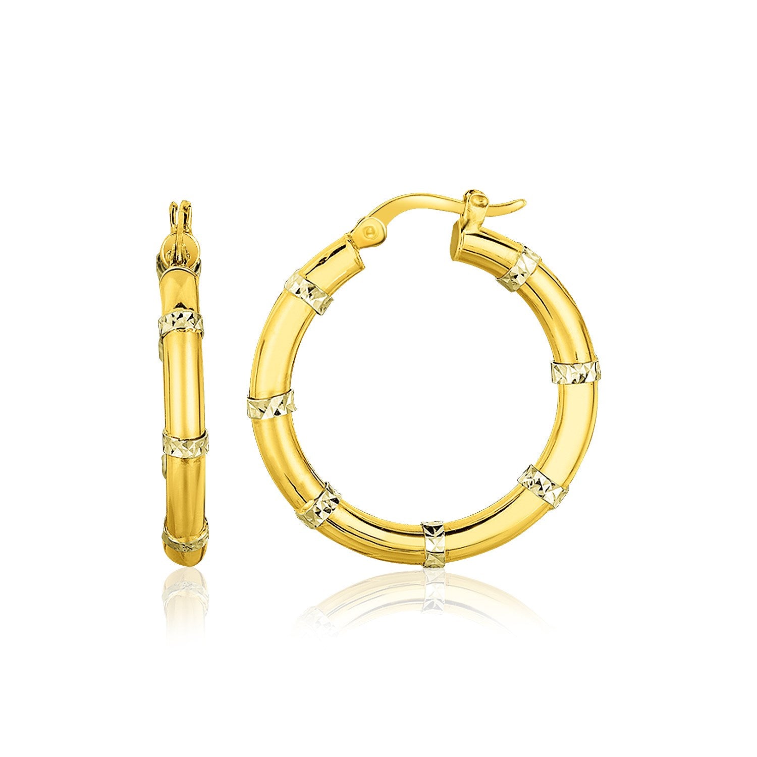 14k two-tone gold diamond textured hoop earrings, elegantly designed for a luxurious statement.