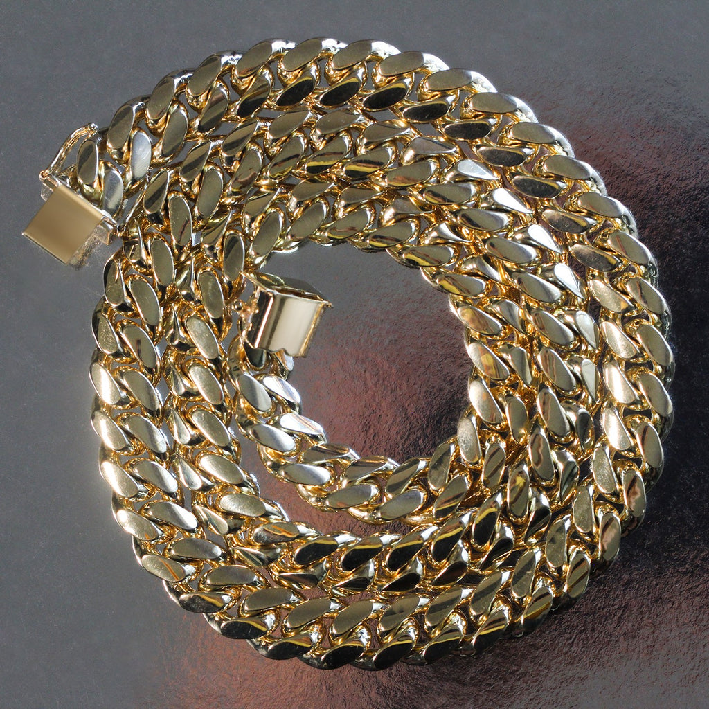 14k yellow gold classic Miami Cuban solid chain, 10.10 mm, showcasing timeless elegance and luxurious craftsmanship.