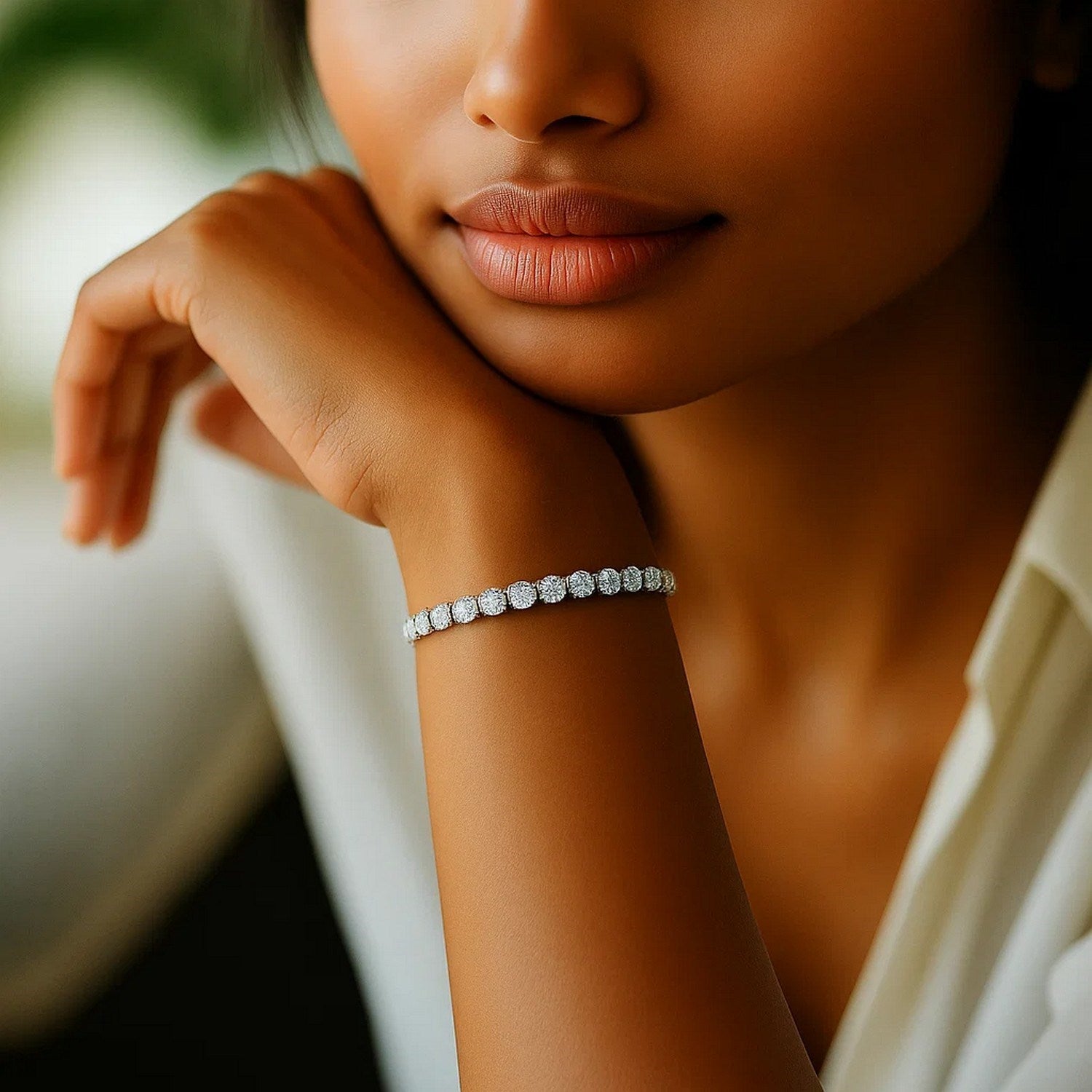 Lab grown round diamond tennis bracelet in 14k white gold, featuring 6 cctw F/G VS2/SI1 diamonds for modern elegance.