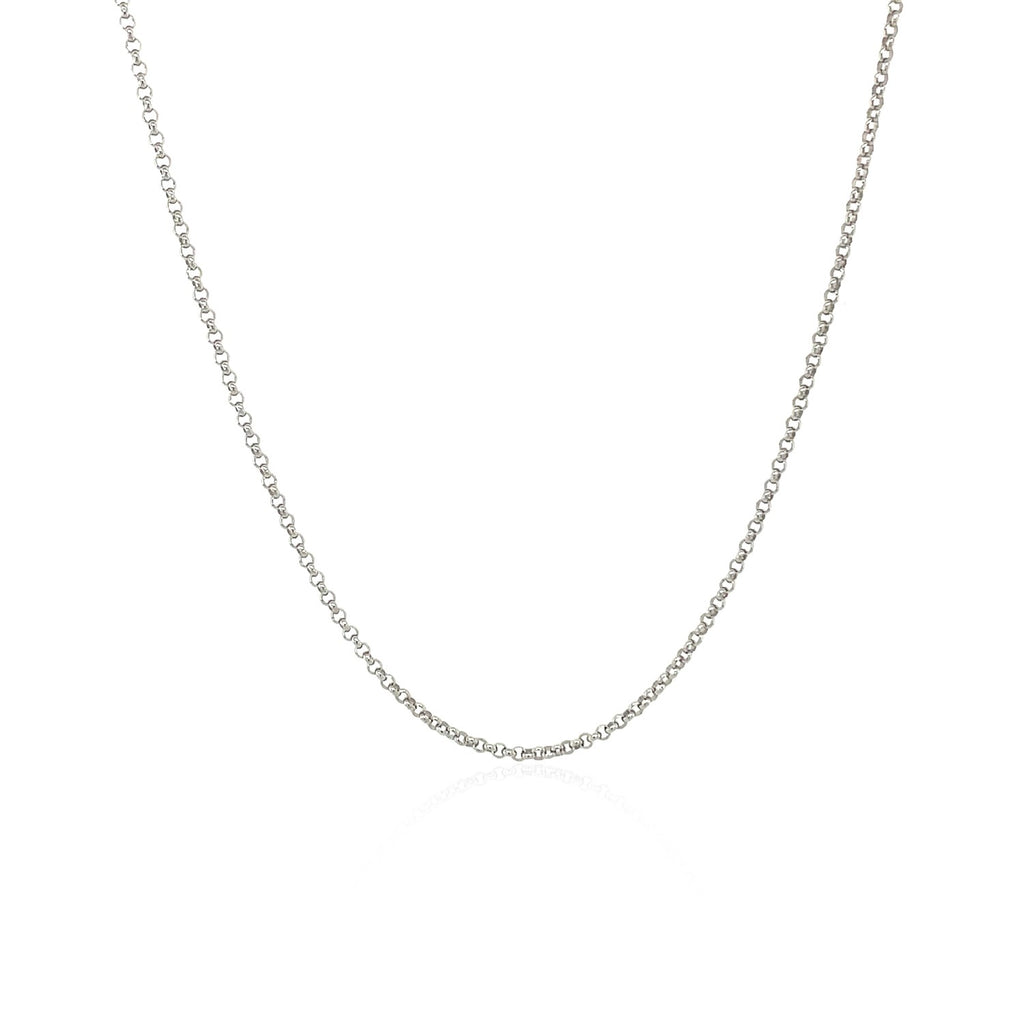 14k white gold diamond cut rolo chain, contemporary design, 1.10 mm width, perfect for layering with elegant pendants.