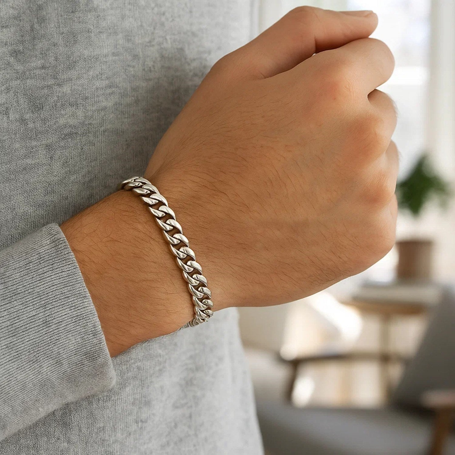 14k white gold Miami Cuban bracelet, semi-solid design, classic 7.00 mm links for timeless elegance.