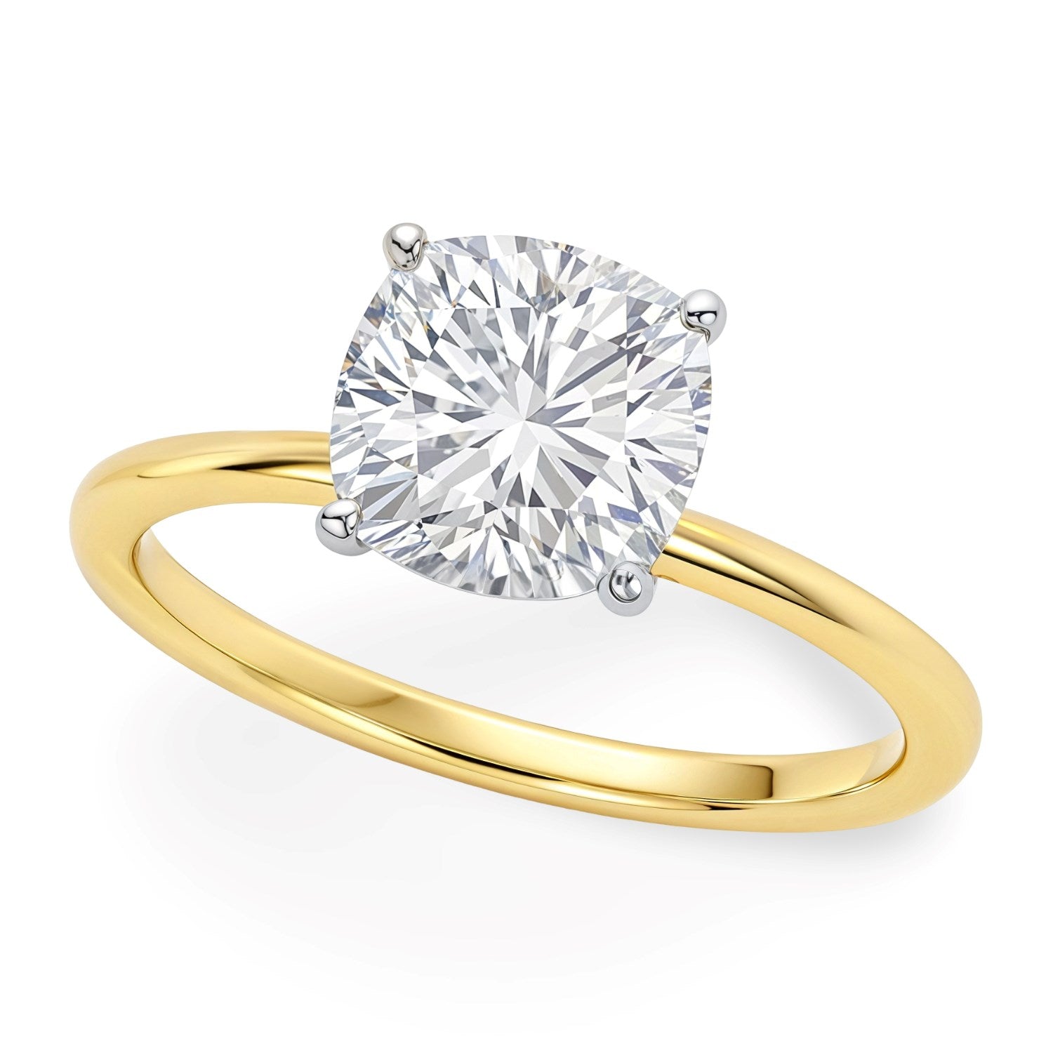 3 carat cushion cut lab-grown diamond solitaire ring in 10K yellow gold, showcasing modern elegance and timeless luxury.