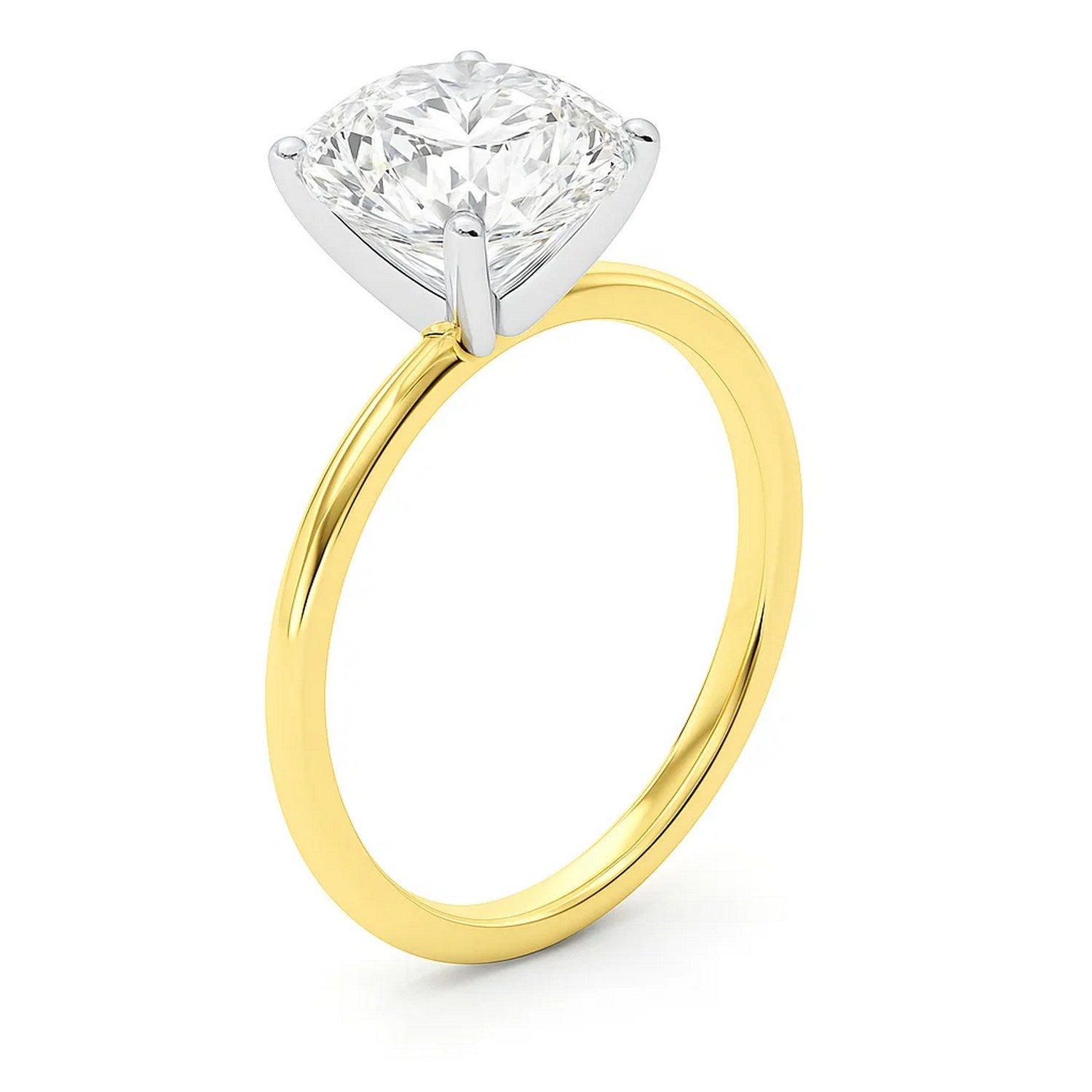 3 carat cushion cut lab-grown diamond solitaire ring in 10K yellow gold, showcasing modern elegance and timeless beauty.