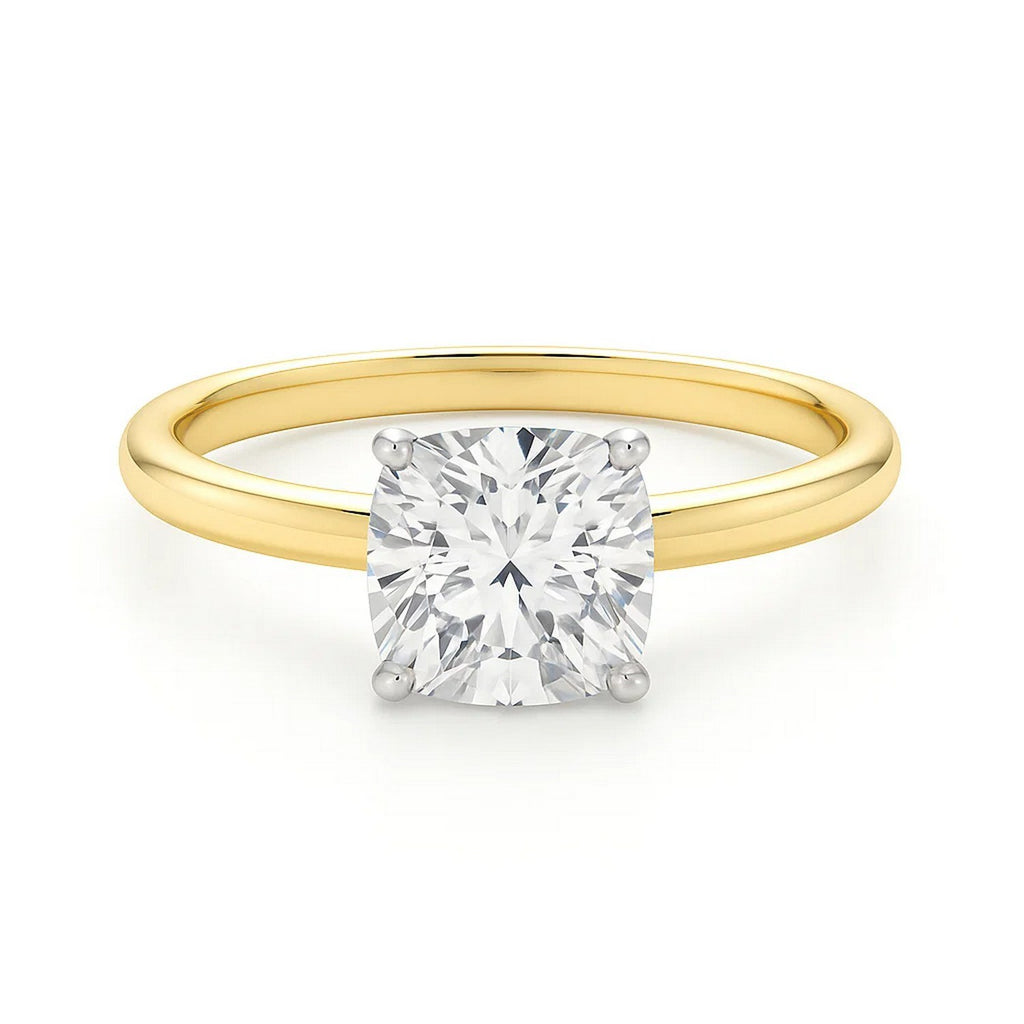 3 carat cushion cut lab-grown diamond solitaire ring in 10K yellow gold, showcasing modern elegance and timeless beauty.