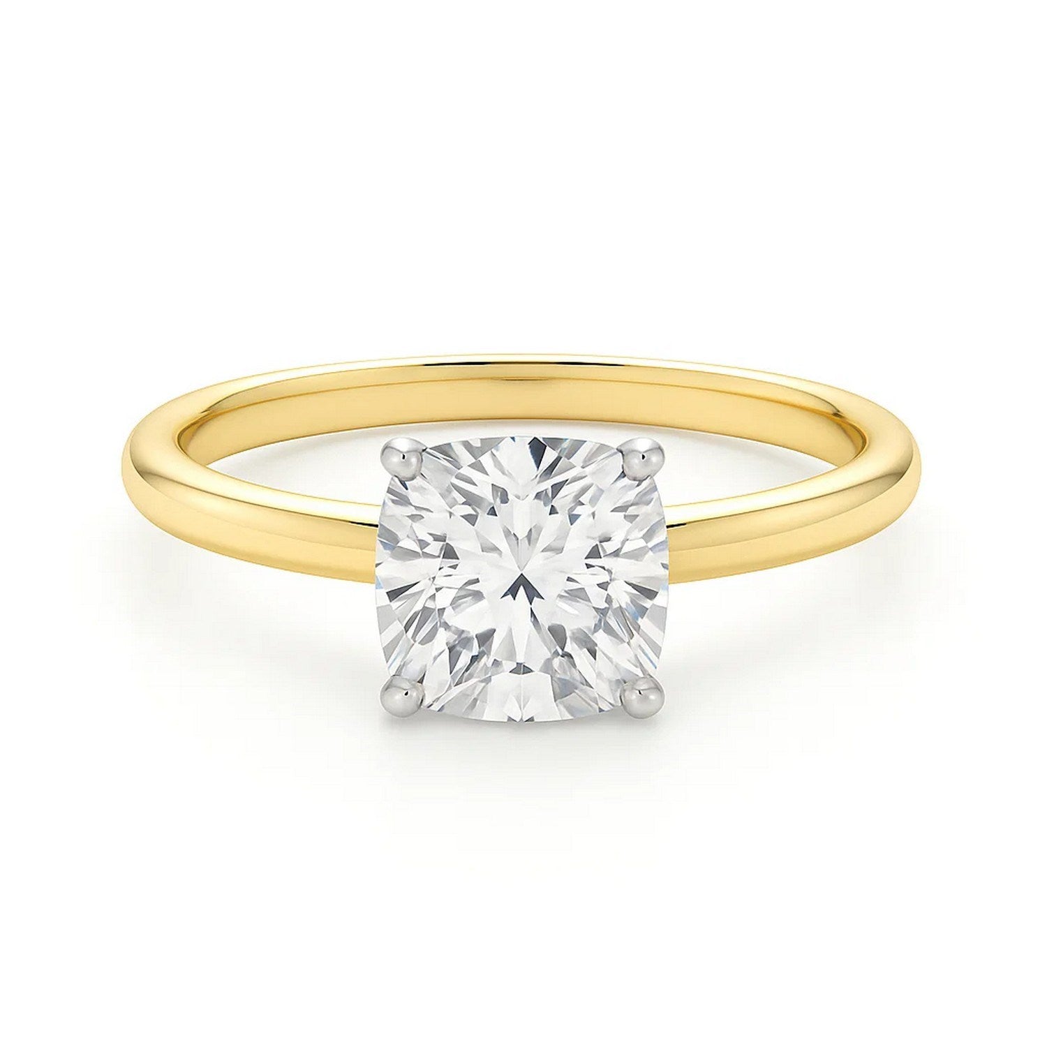 3 carat cushion cut lab-grown diamond solitaire ring in 10K yellow gold, showcasing modern elegance and timeless beauty.