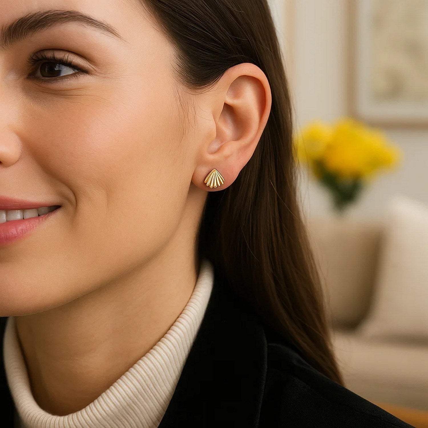 10K yellow gold sea shell stud earrings featuring a contemporary cushion cut design, perfect for elegant occasions.