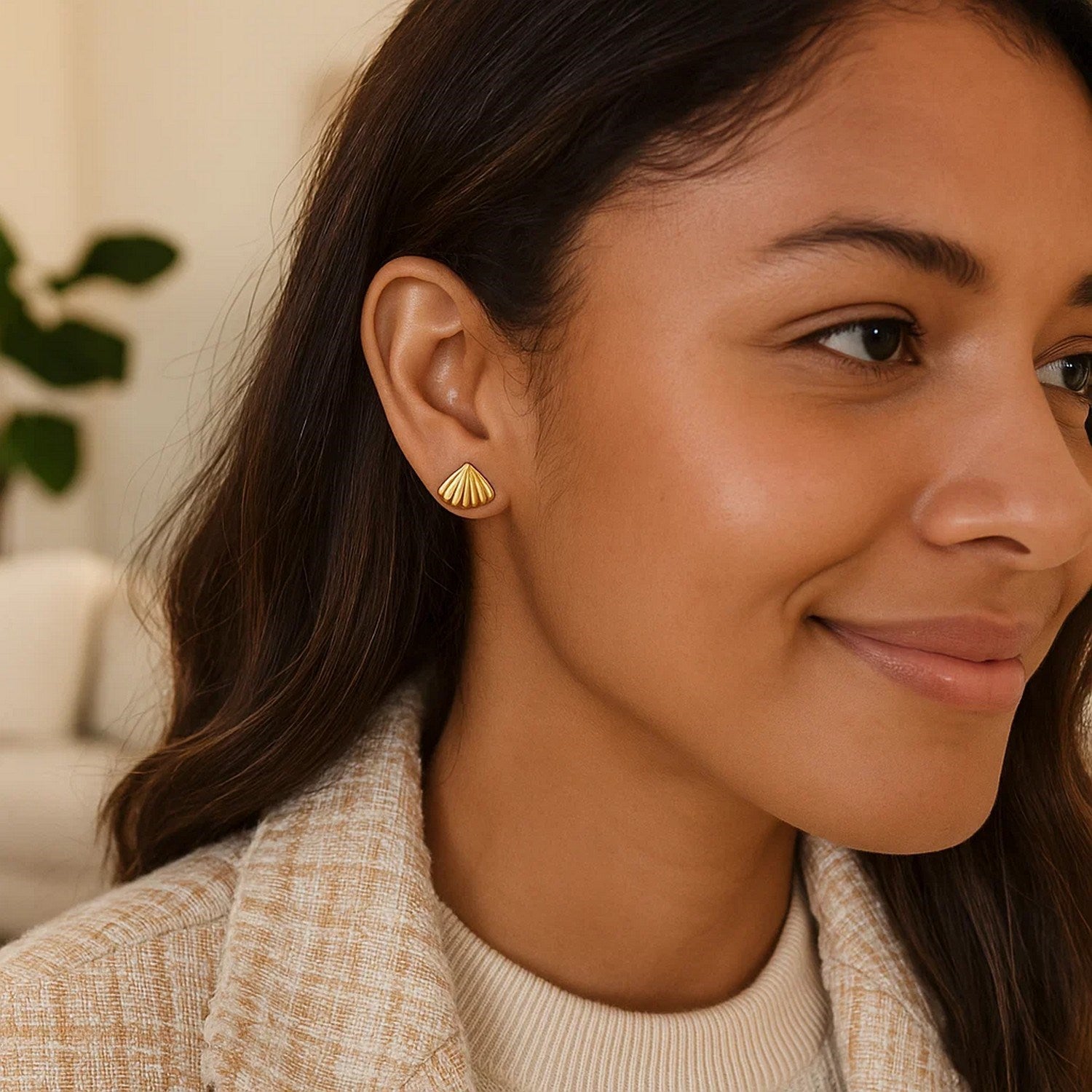 14k yellow gold contemporary sea shell stud earrings with cushion cut design, perfect for elegant everyday wear.