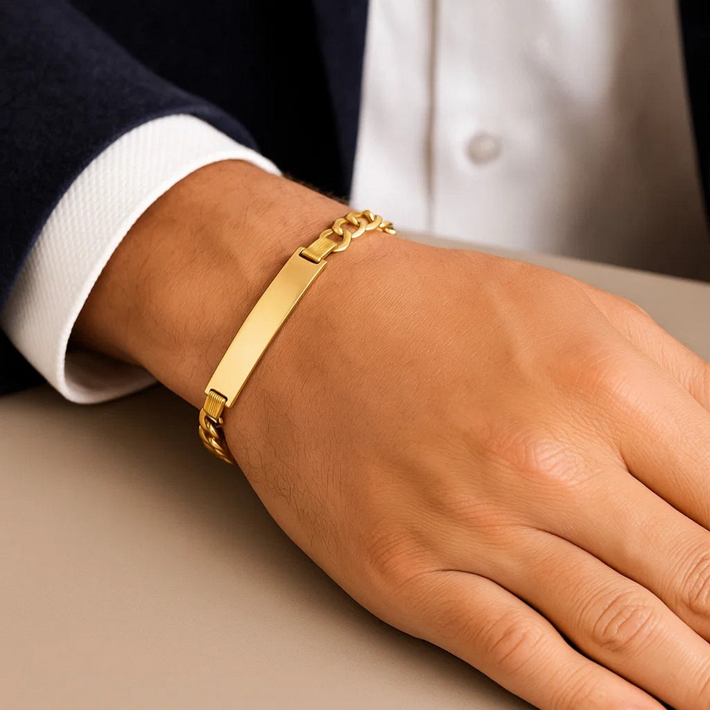 14k yellow gold men's narrow curb chain ID bracelet, modern design, 8 1/2 inches, 6.70 mm width, elegant luxury accessory.