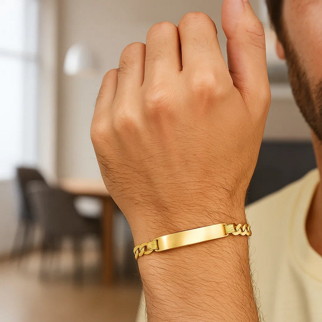 14k yellow gold men's narrow curb chain ID bracelet, modern design, 8 1/2 inch length, 6.70 mm width, elegant luxury acces...