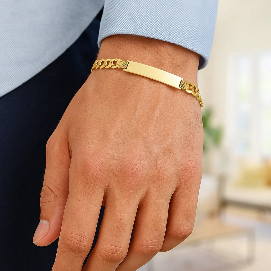 14k yellow gold men's narrow curb chain ID bracelet, modern design, 8 1/2 inch length, 6.70 mm width.