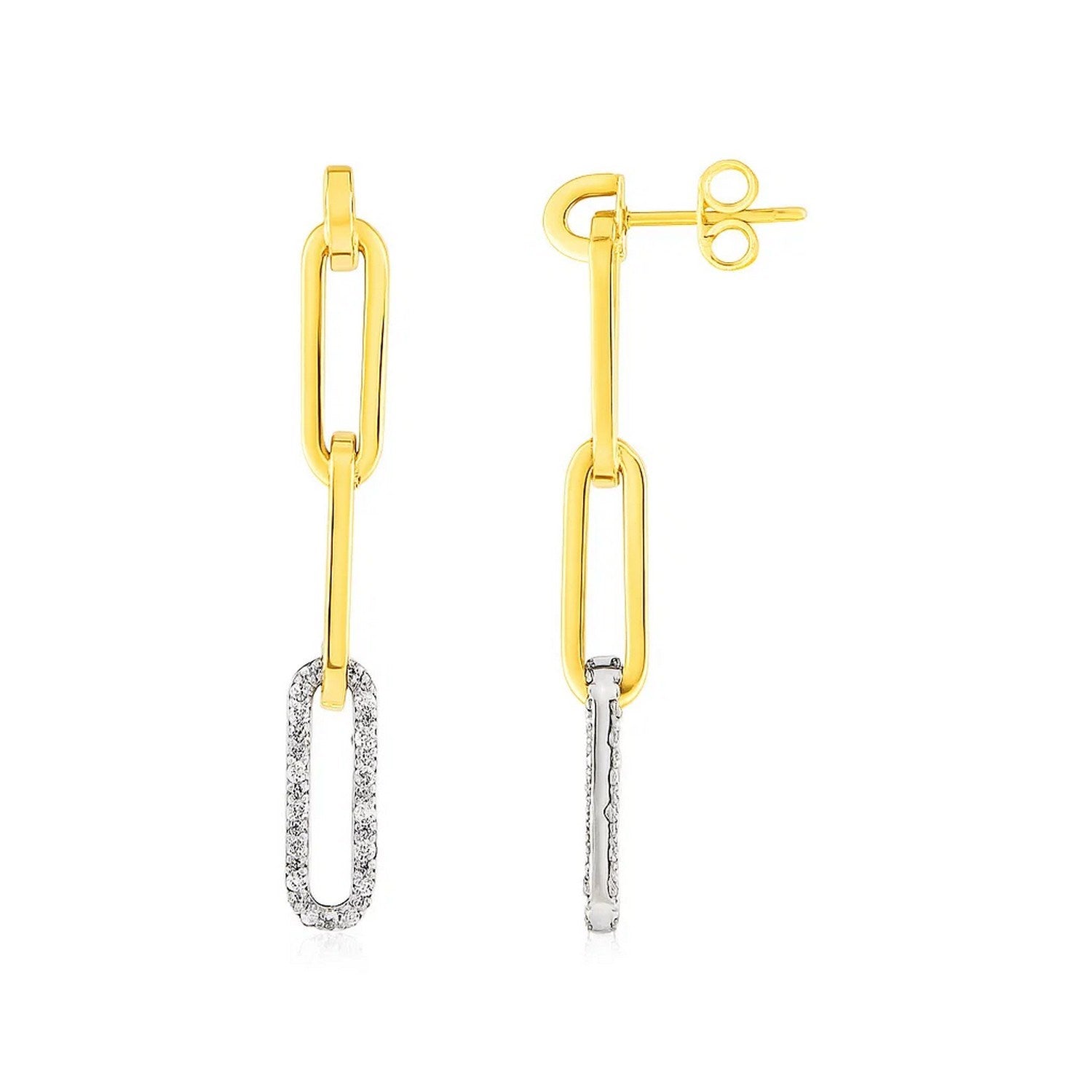 14k yellow gold dangle earrings featuring a modern paperclip chain design adorned with sparkling diamonds.