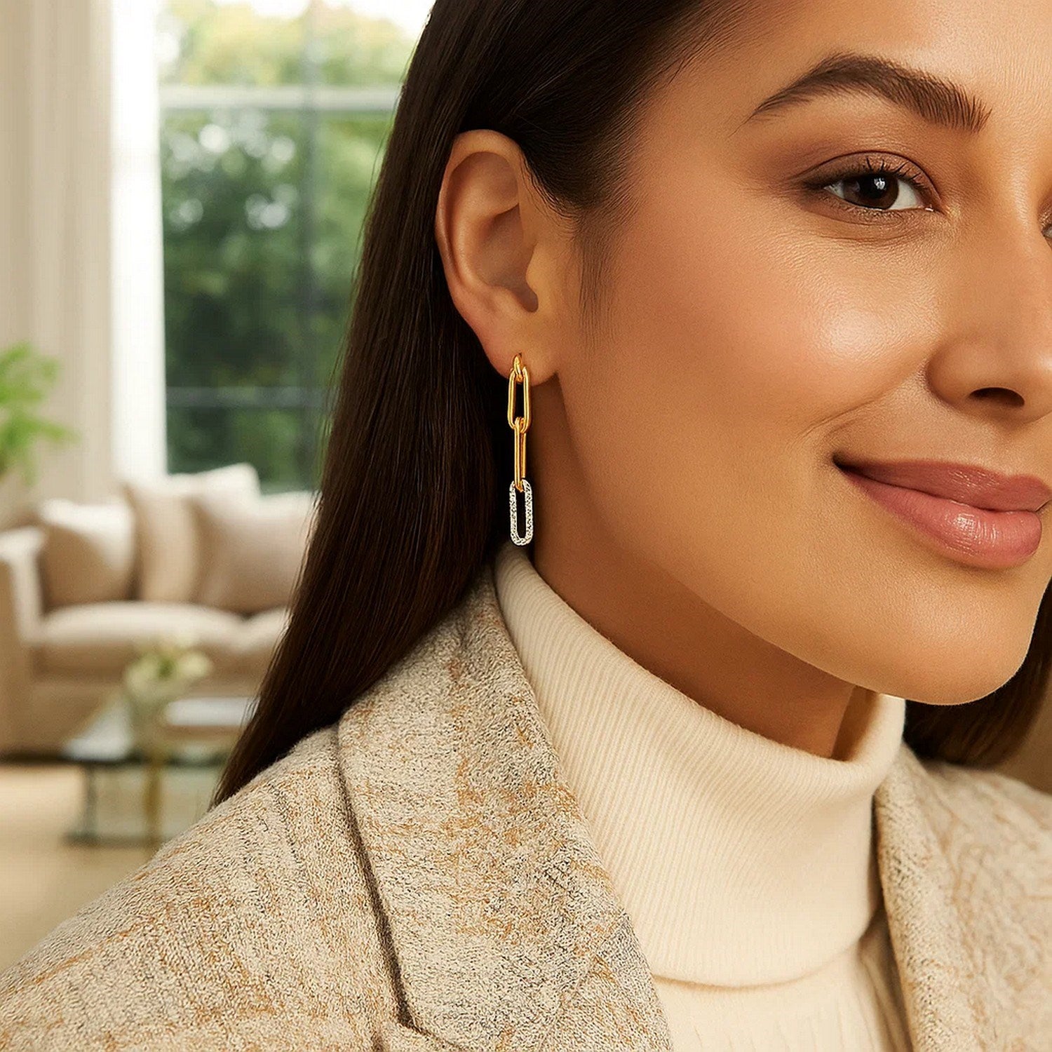 14k yellow gold dangle earrings featuring a modern paperclip chain design adorned with sparkling diamonds.