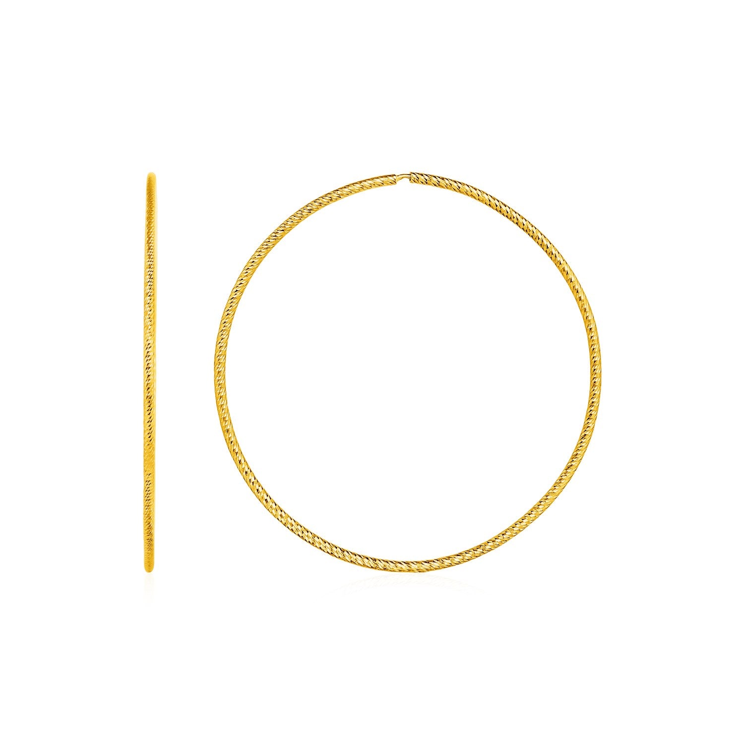 14k yellow gold diamond textured endless hoop earrings, exuding timeless elegance and classic luxury.