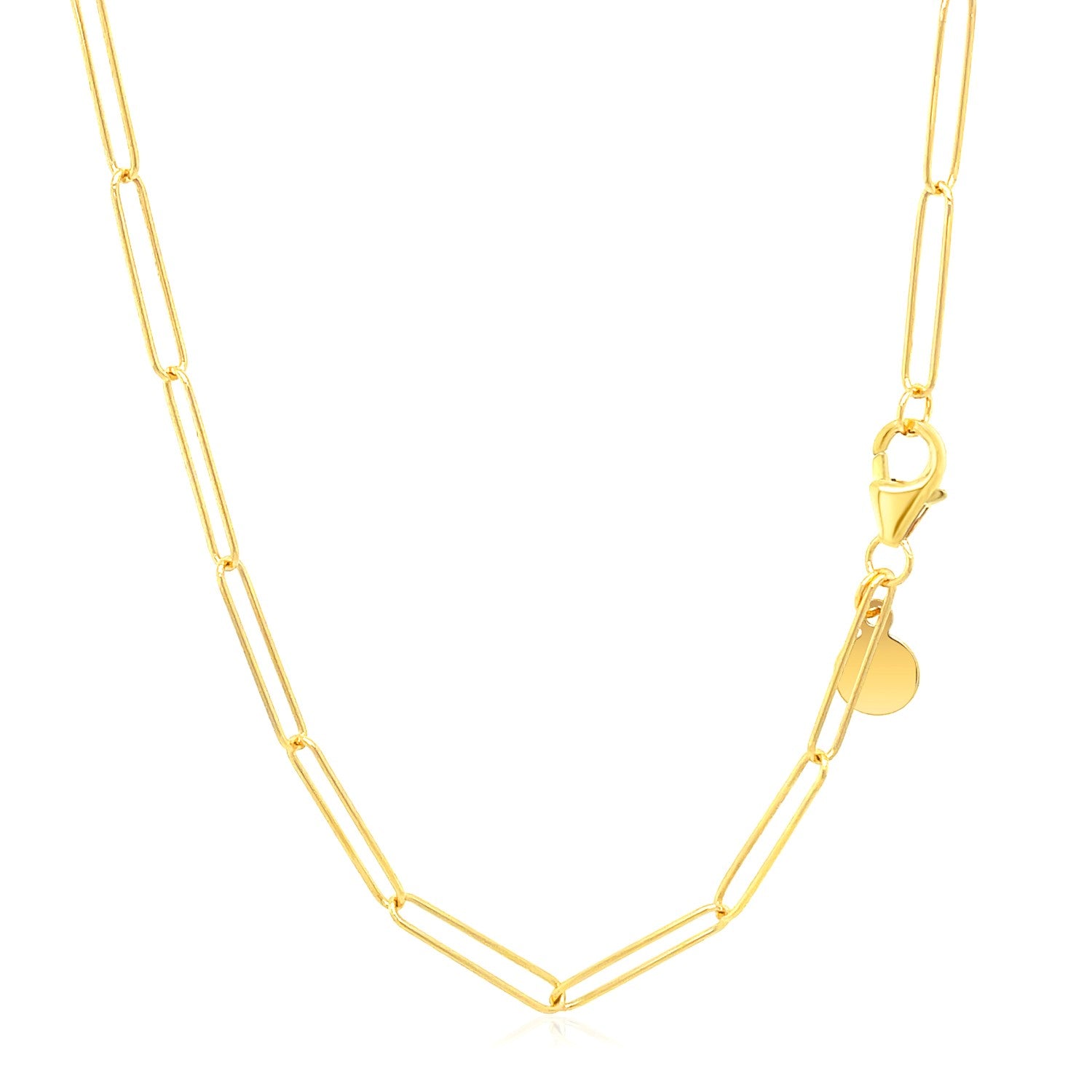 14k yellow gold wire paperclip chain featuring modern links, perfect for layering or standalone elegance.