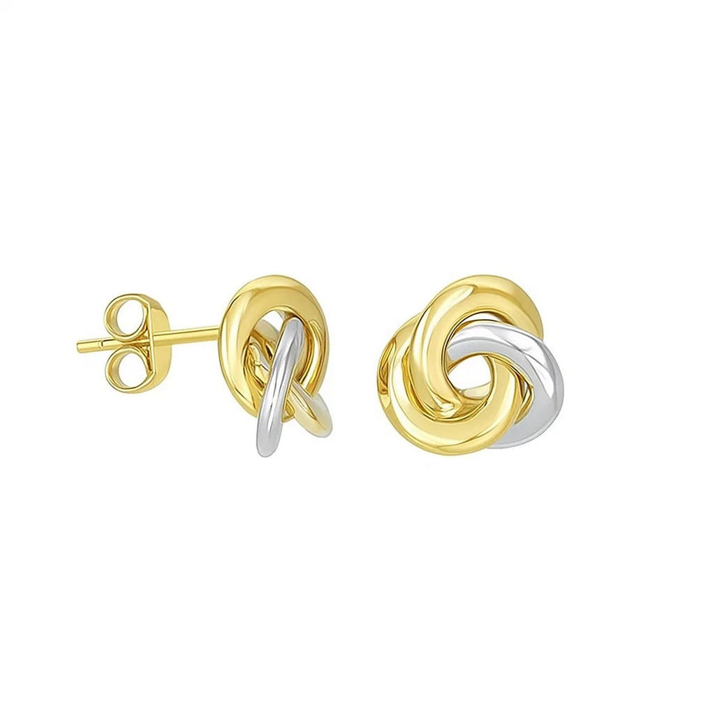 14k two-tone gold shiny dangle earrings with modern intertwined design, perfect for elegant occasions.