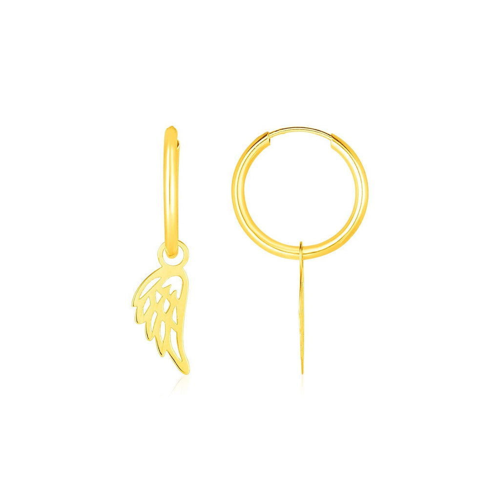 14k yellow gold hoop earrings featuring elegant angel wings design for a contemporary luxury look.