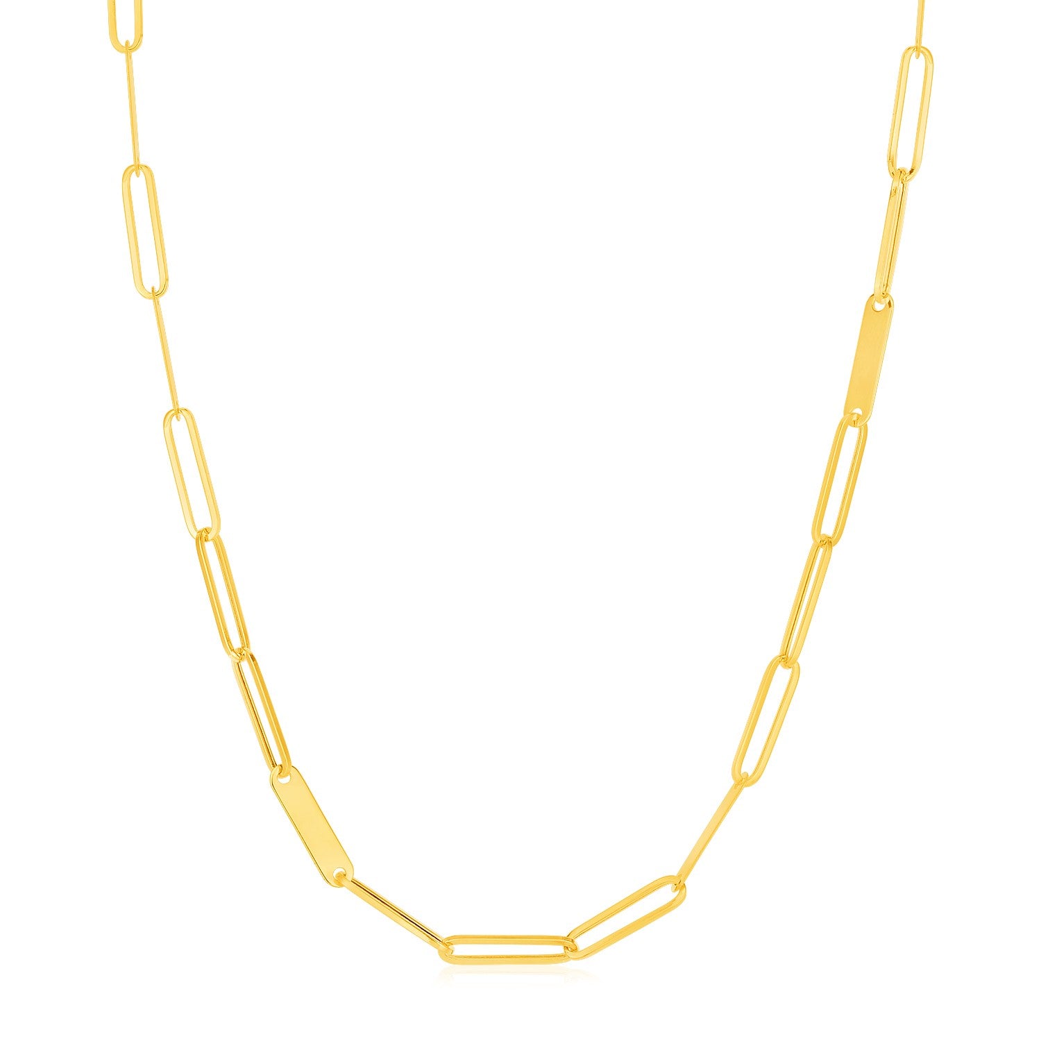 14k yellow gold alternating paperclip chain link and gold bar necklace, modern design for elegant layering.