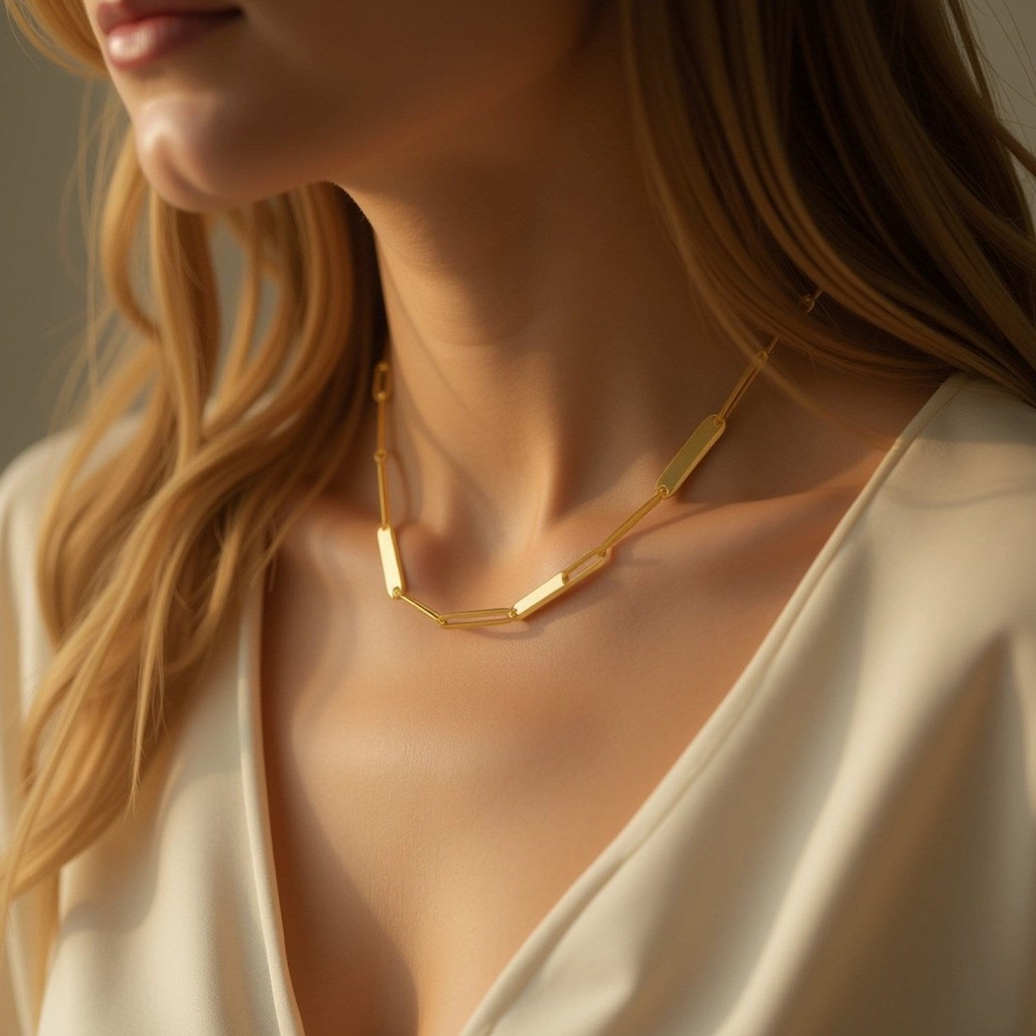 14k yellow gold alternating paperclip chain link and gold bar necklace with a modern design and elegant finish.