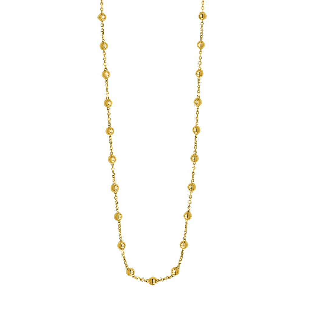14k yellow gold layering Saturn bead necklace with elegant round chain design, perfect for sophisticated styling.