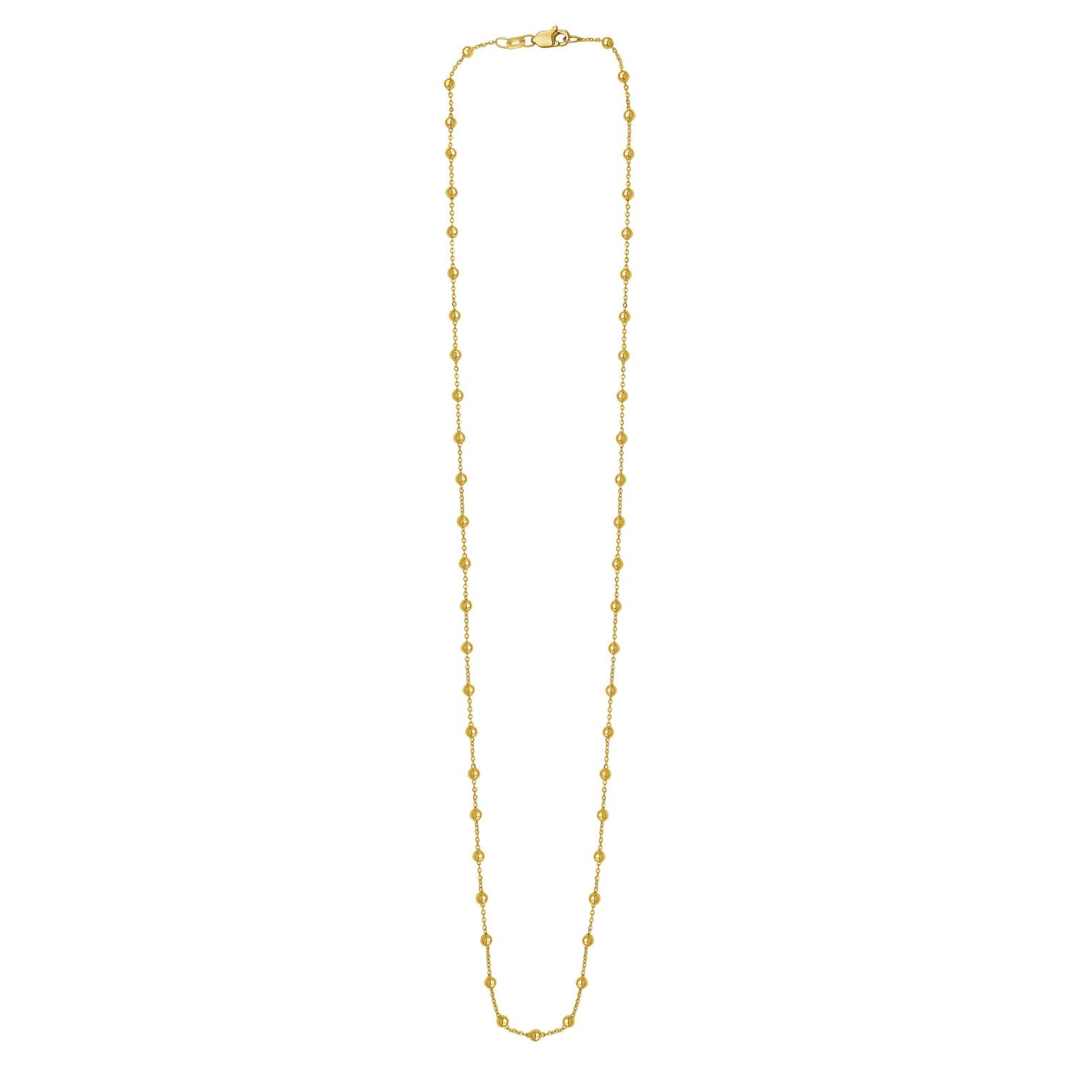Layering Saturn bead necklace in elegant 14K yellow gold with a delicate round chain design.