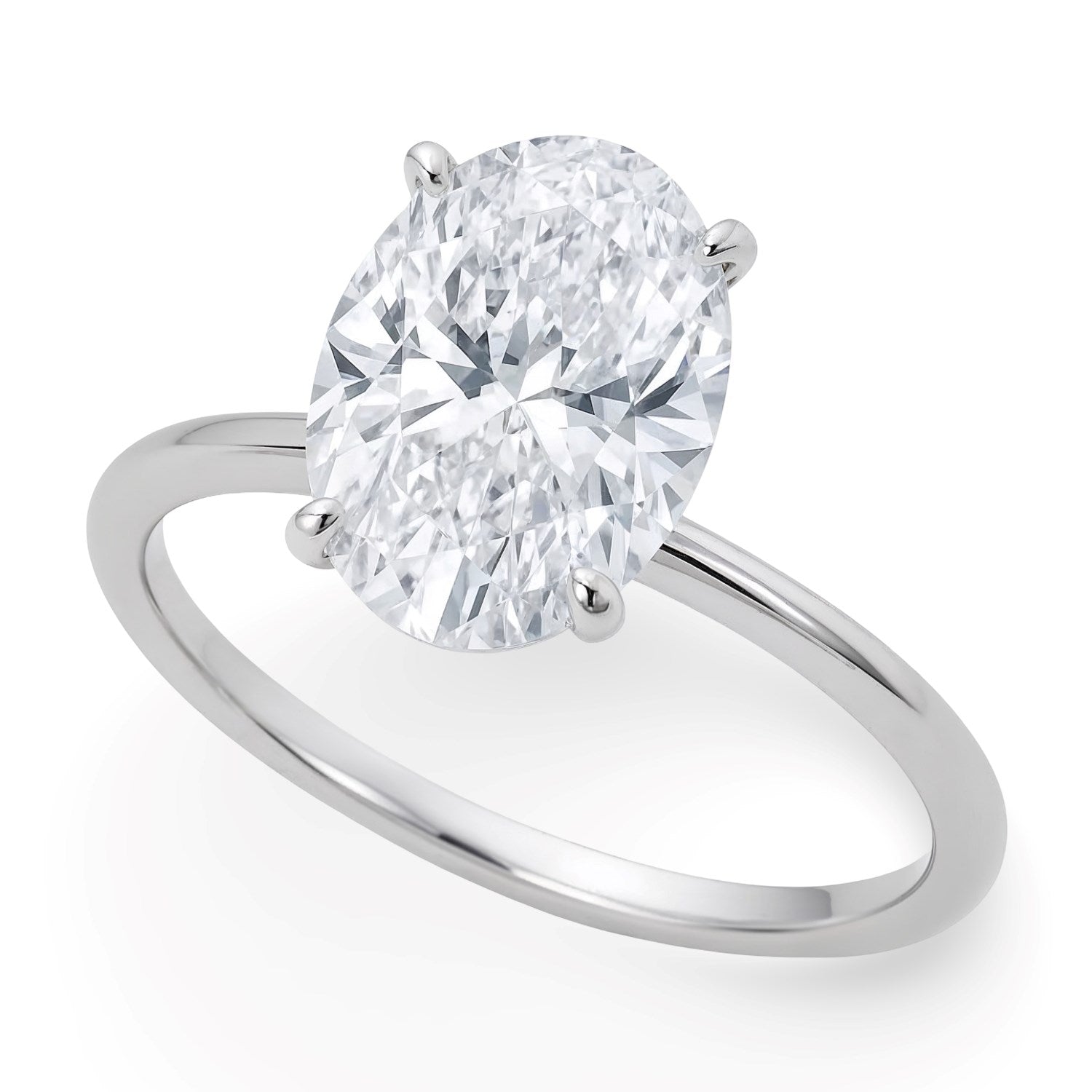 5 carat oval lab-grown diamond solitaire ring in 14k white gold, showcasing modern elegance and timeless luxury.
