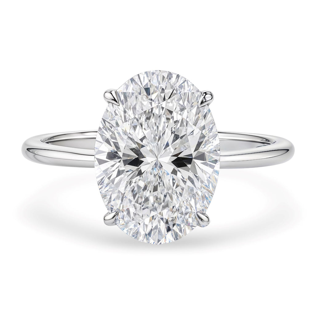 5 carat oval lab-grown diamond solitaire ring in 14k white gold, showcasing modern elegance and timeless sophistication.