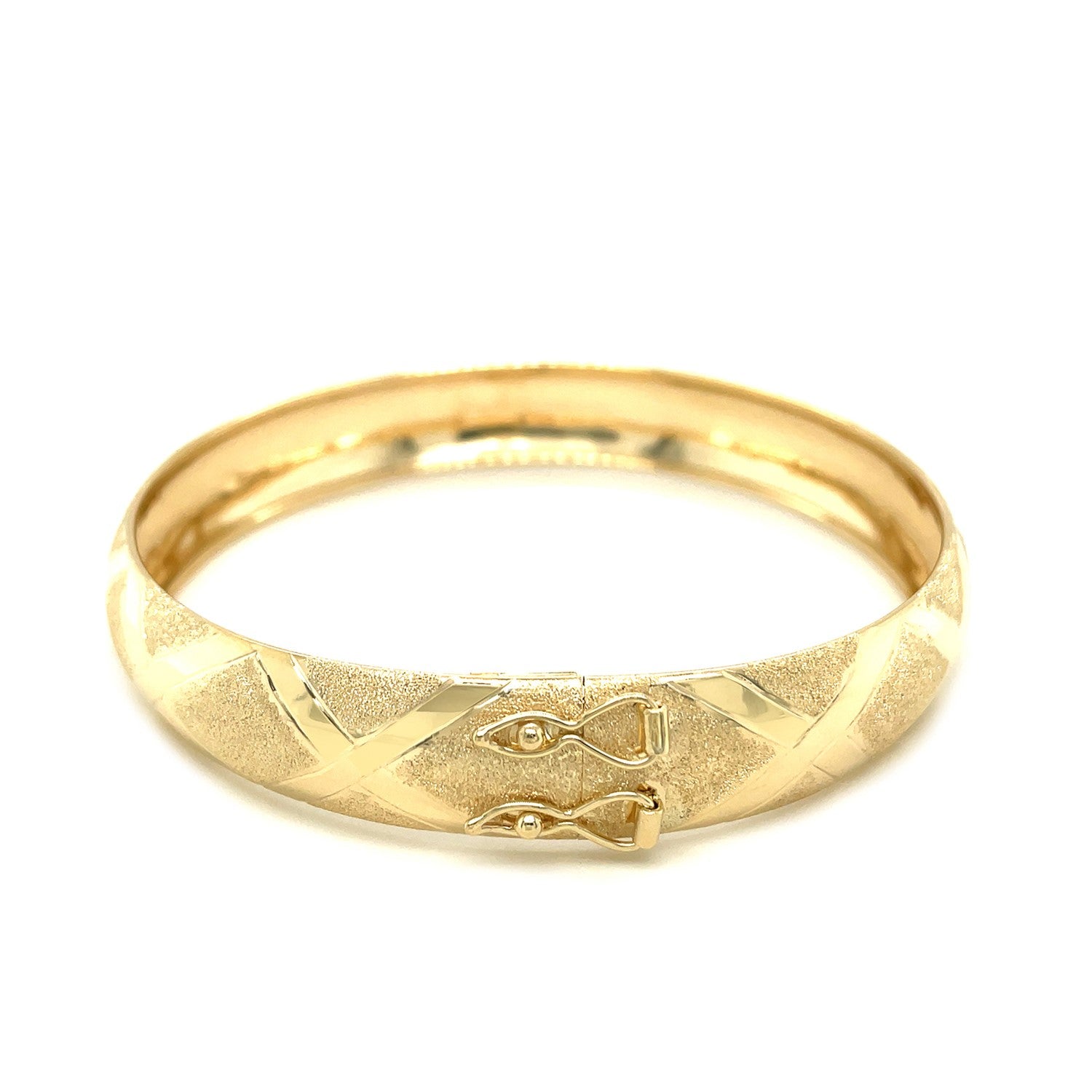 10k yellow gold dual-textured bangle featuring a luxurious diamond pattern, modern design, and 12.00 mm width.