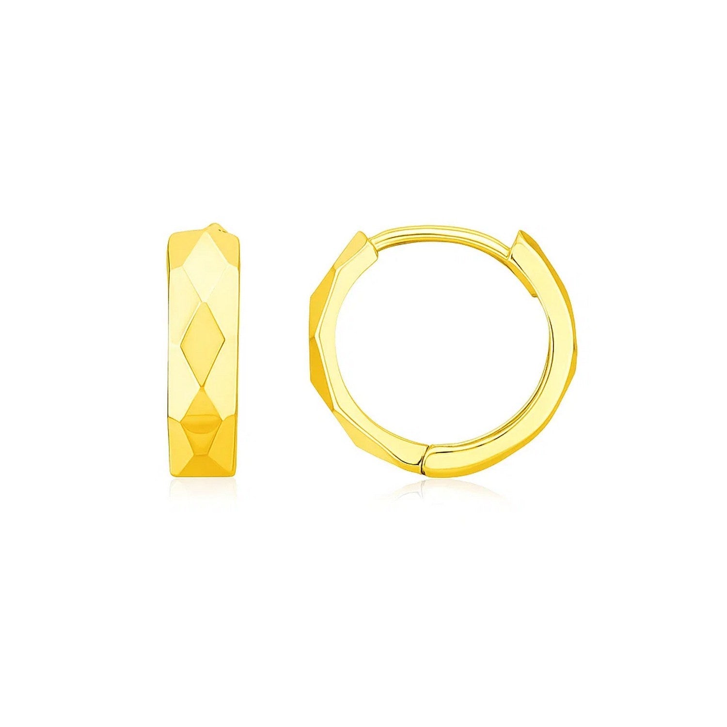 14k yellow gold diamond faceted huggie earrings with modern design, perfect for elegant everyday wear.