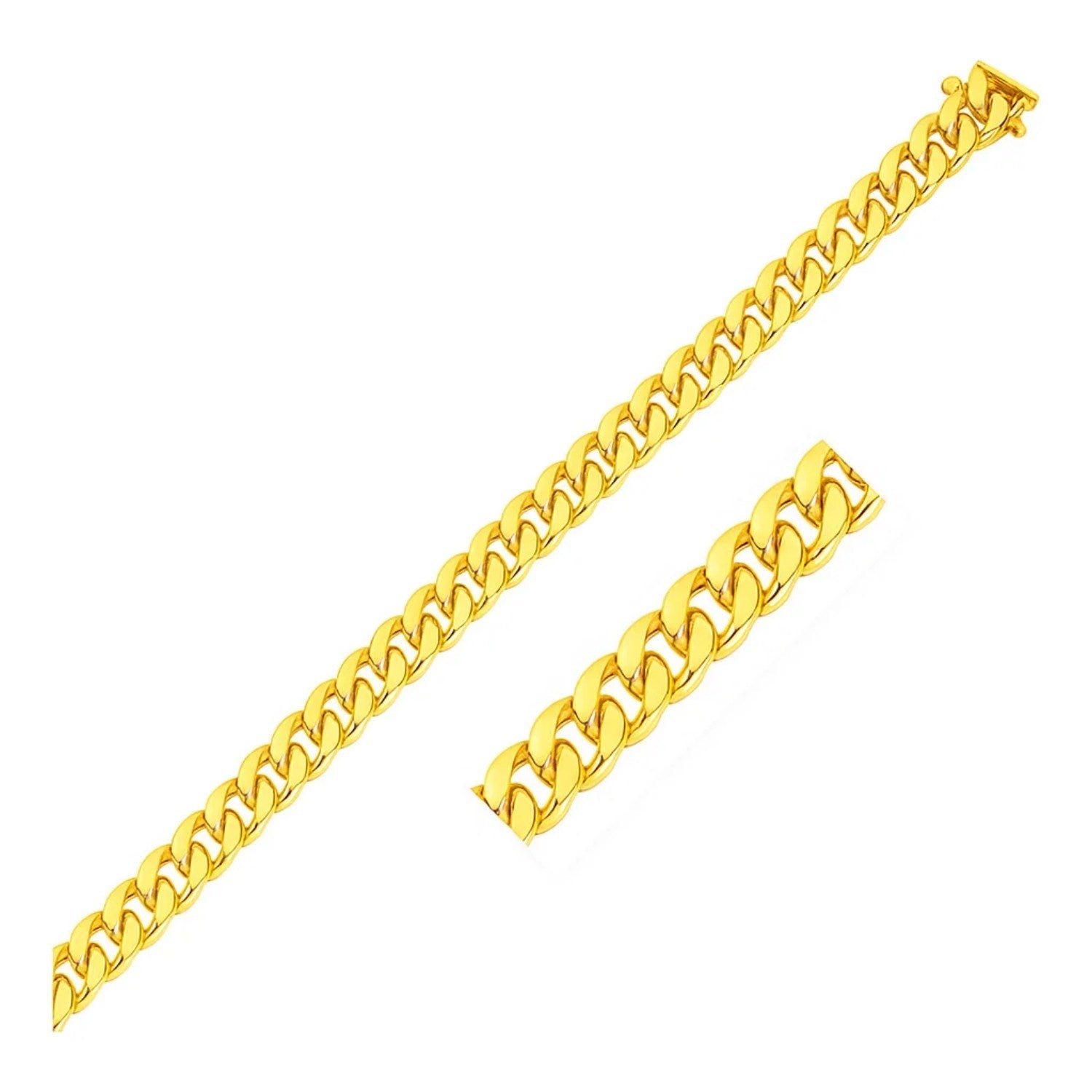 14k yellow gold Miami Cuban bracelet featuring solid links, exuding modern elegance and timeless luxury.