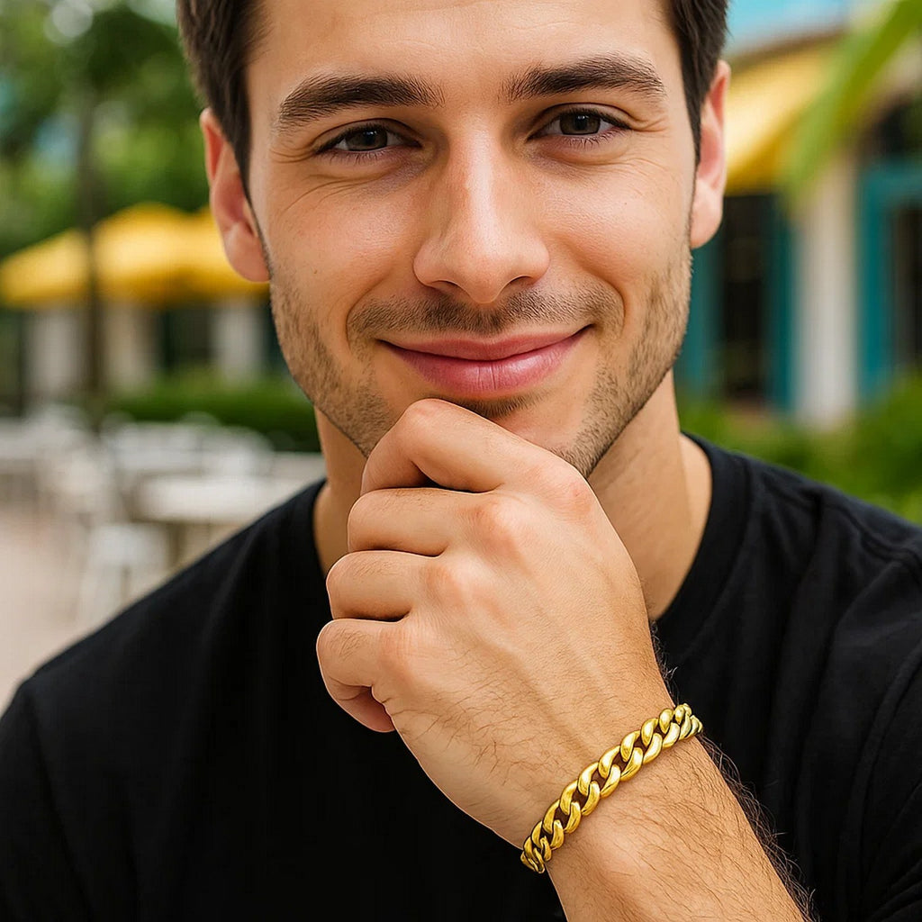 14k yellow gold Miami Cuban bracelet featuring round links, showcasing contemporary elegance and luxurious craftsmanship.