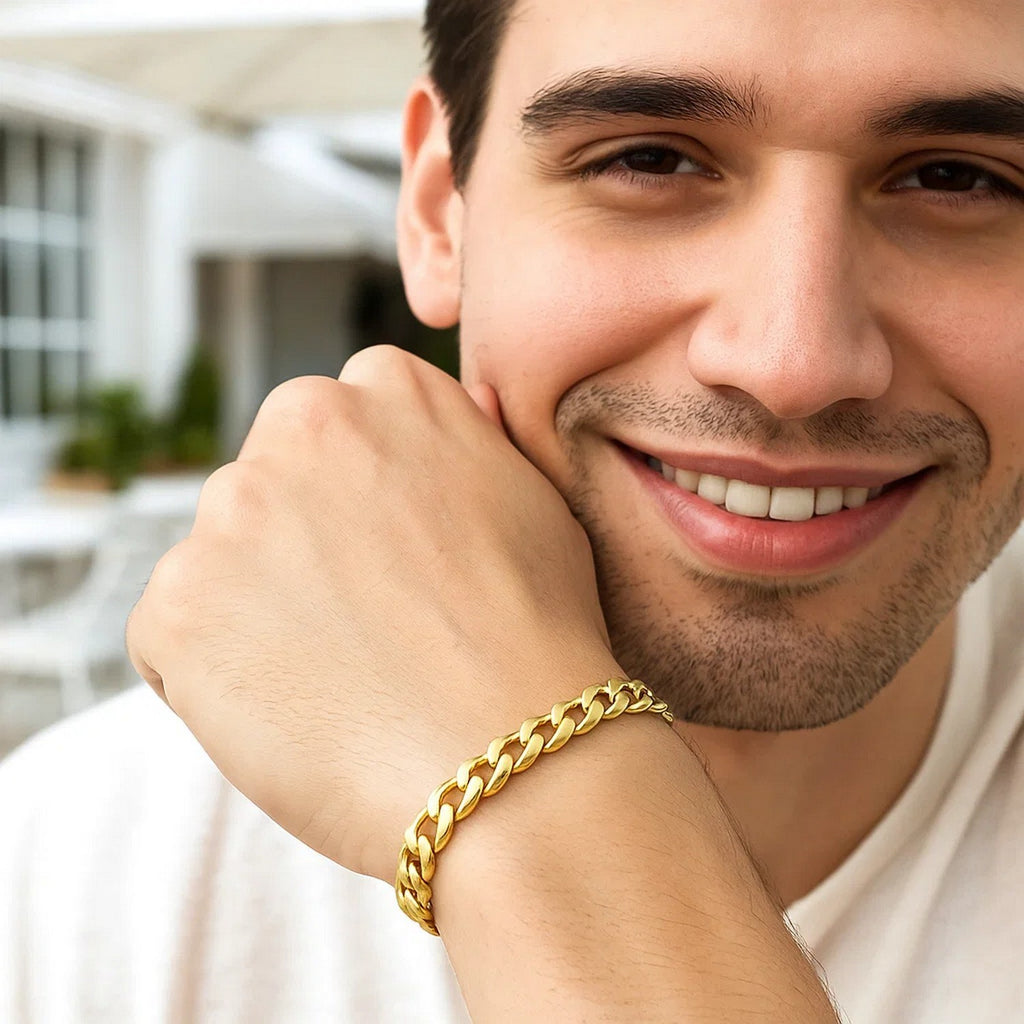 14k yellow gold Miami Cuban semi-solid bracelet with round links, showcasing contemporary elegance and luxury craftsmanship.