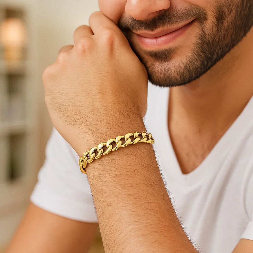 14k yellow gold Miami Cuban bracelet with round links, showcasing contemporary elegance and luxurious craftsmanship.