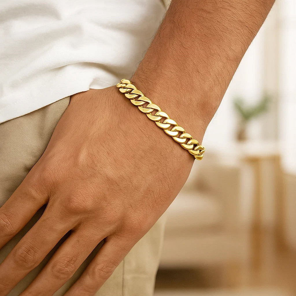 14k yellow gold Miami Cuban bracelet featuring round links in a contemporary design, perfect for luxury styling.