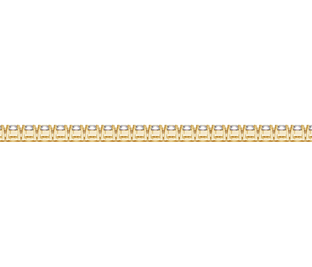 Lab grown round diamond tennis bracelet in 14k yellow gold, featuring elegant design and 4 cctw F/G VS2/SI1 diamonds.