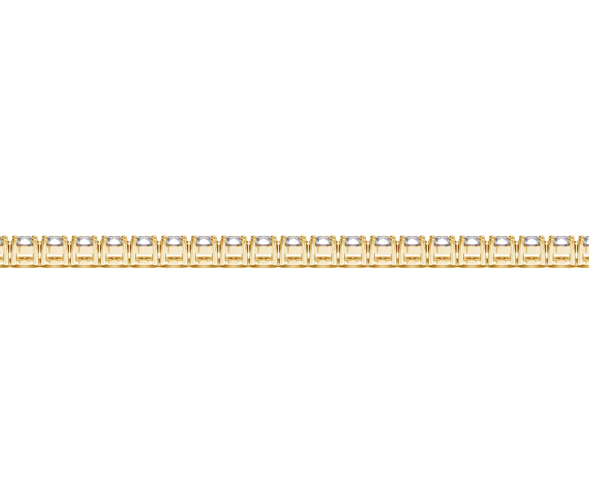 Lab grown round diamond tennis bracelet in 14k yellow gold, featuring elegant design and 4 cctw F/G VS2/SI1 diamonds.
