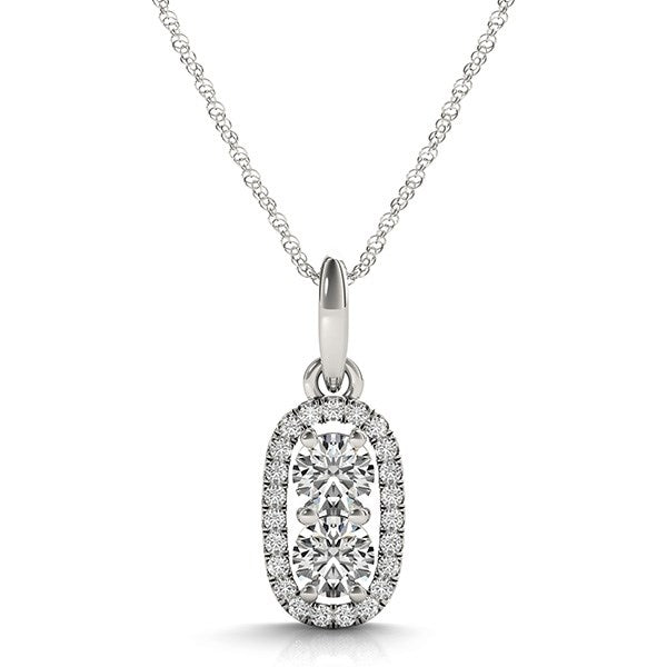 Elegant 14k white gold outer oval shaped two stone diamond pendant, showcasing exquisite brilliance in a refined design.