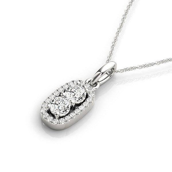 Elegant outer oval two stone diamond pendant in 14k white gold, showcasing exquisite craftsmanship and timeless design.