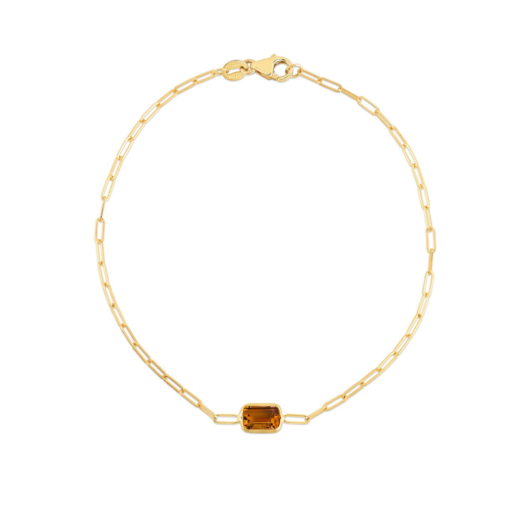 14k yellow gold paperclip bracelet featuring modern chain links and a luxurious citrine accent.
