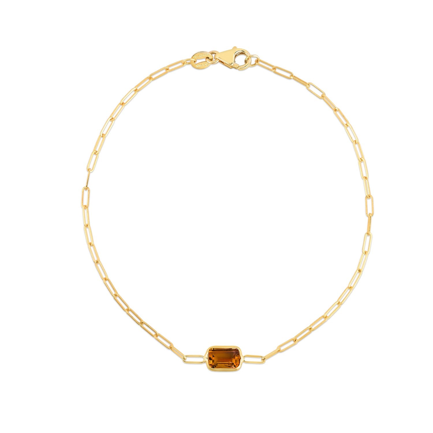 14k yellow gold paperclip bracelet featuring modern chain links and a luxurious citrine accent.