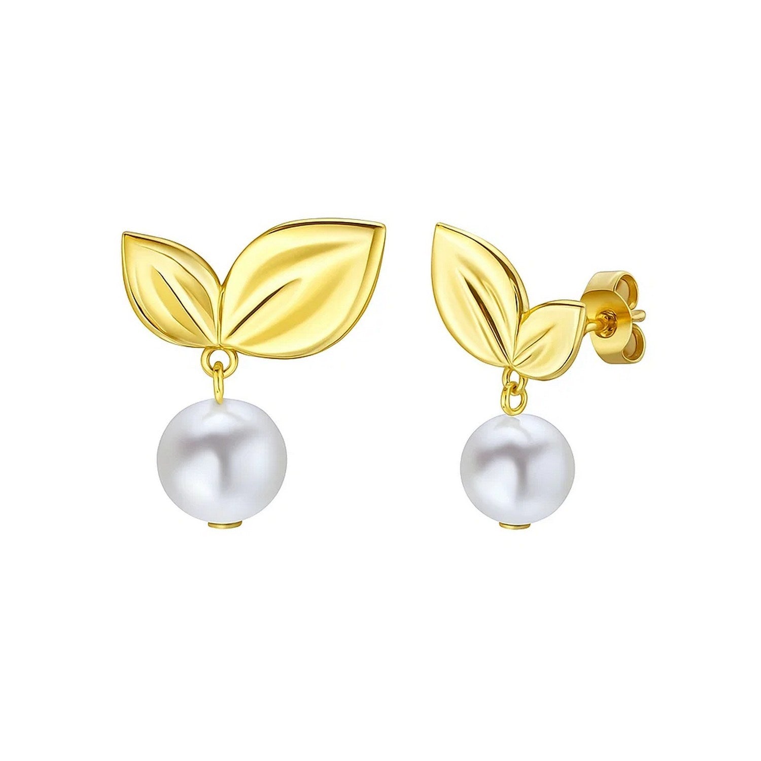 14k yellow gold pearl drop earrings featuring an elegant cherry leaf design for a modern, luxurious touch.