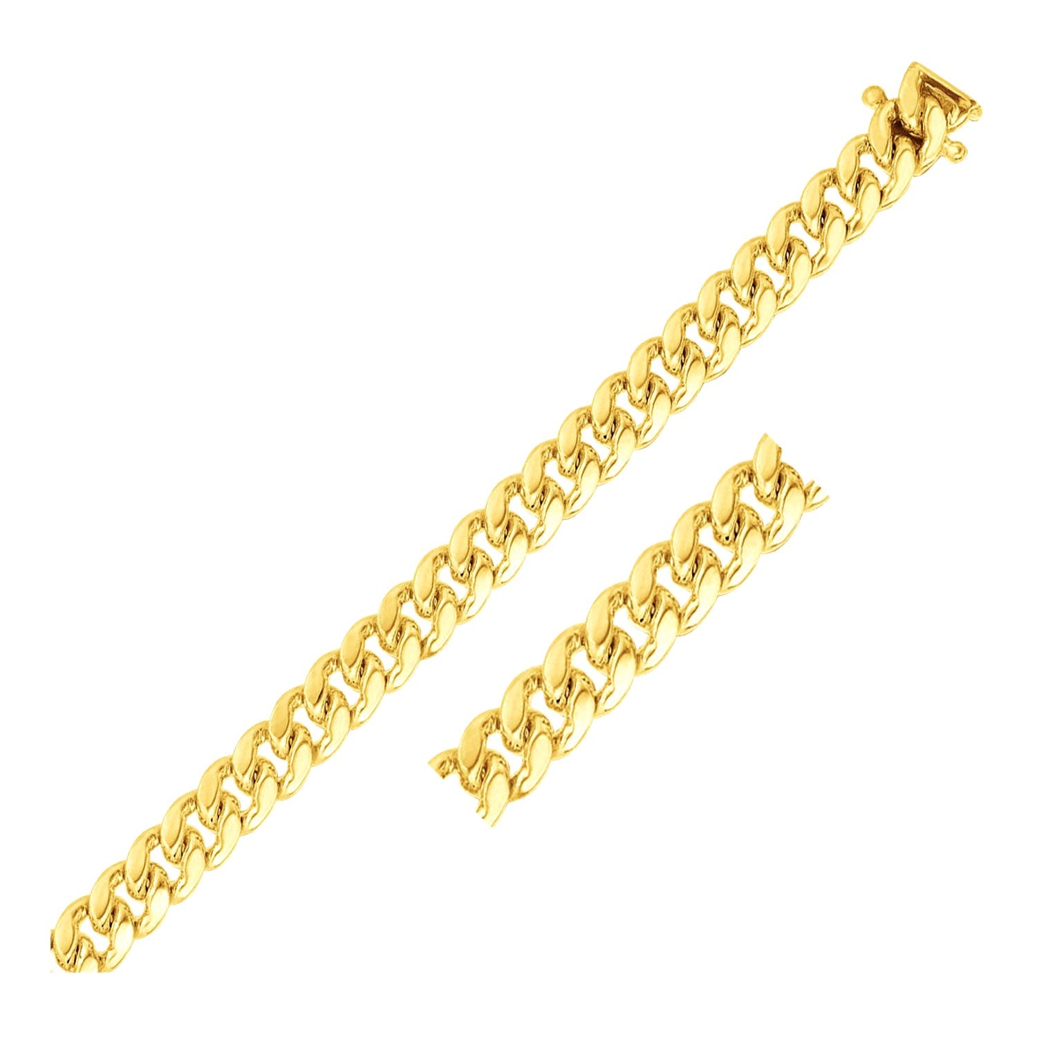 14k yellow gold classic Miami Cuban bracelet, 8.20 mm, featuring solid links for timeless elegance.