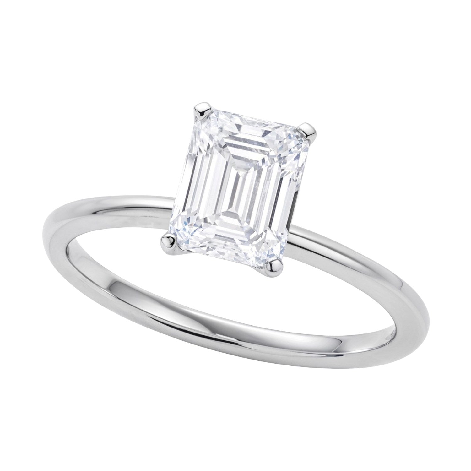 1 1/2 carat emerald lab-grown diamond solitaire ring in 10K white gold, featuring an elegant emerald cut design.