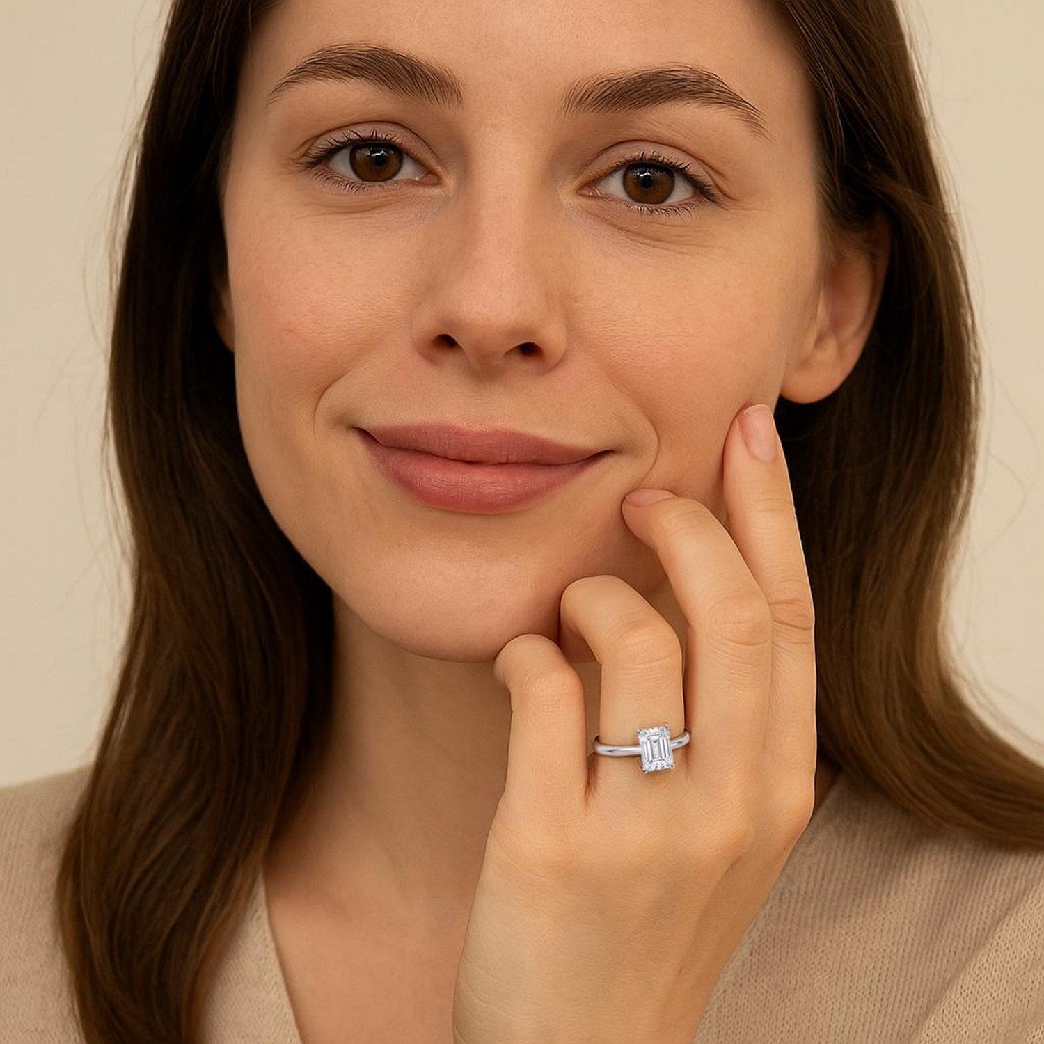 1 1/2 carat emerald lab-grown diamond solitaire ring in 10K white gold, featuring an elegant emerald cut design.