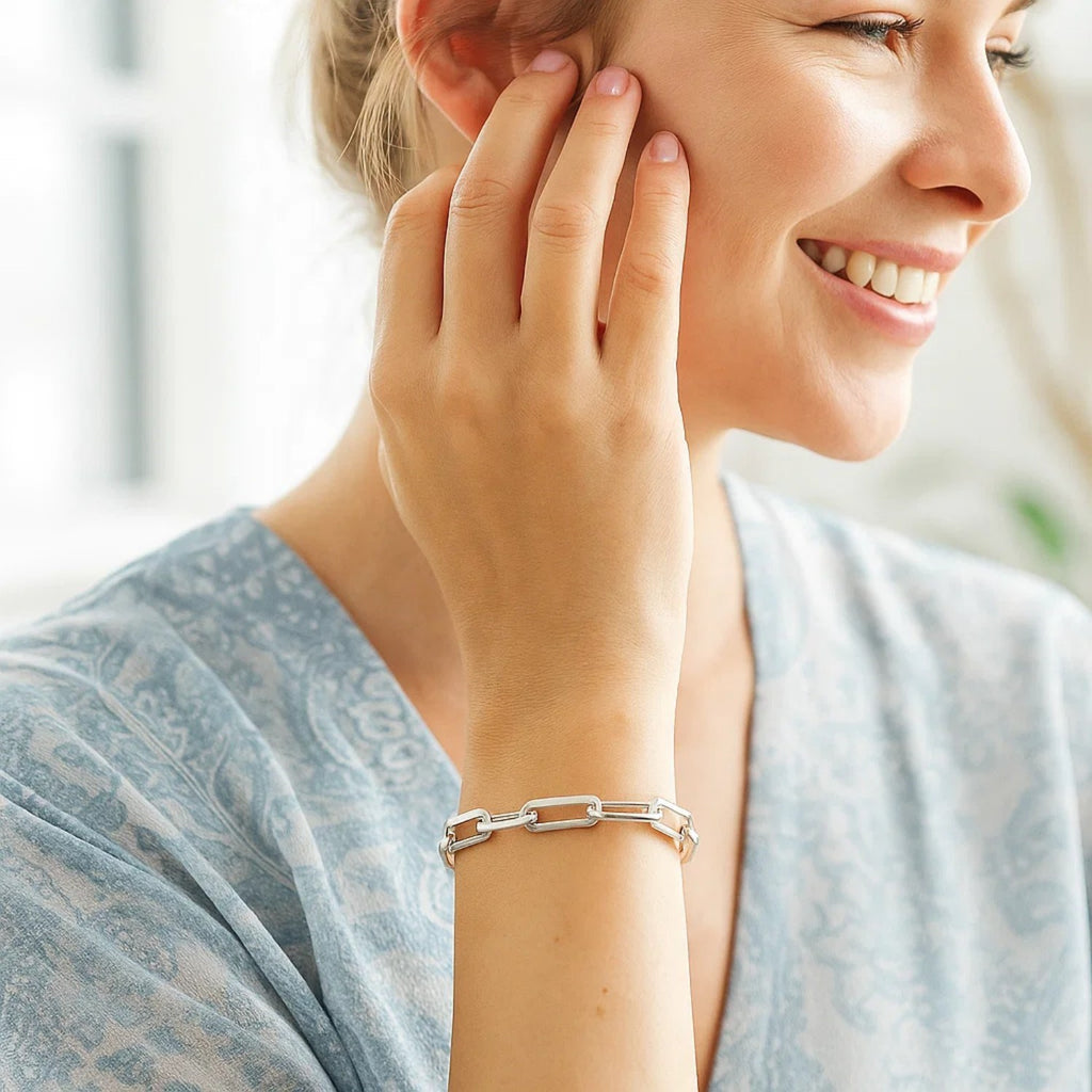 14K white gold extra wide paperclip chain bracelet, contemporary design, 6.10 mm links for a luxurious statement.