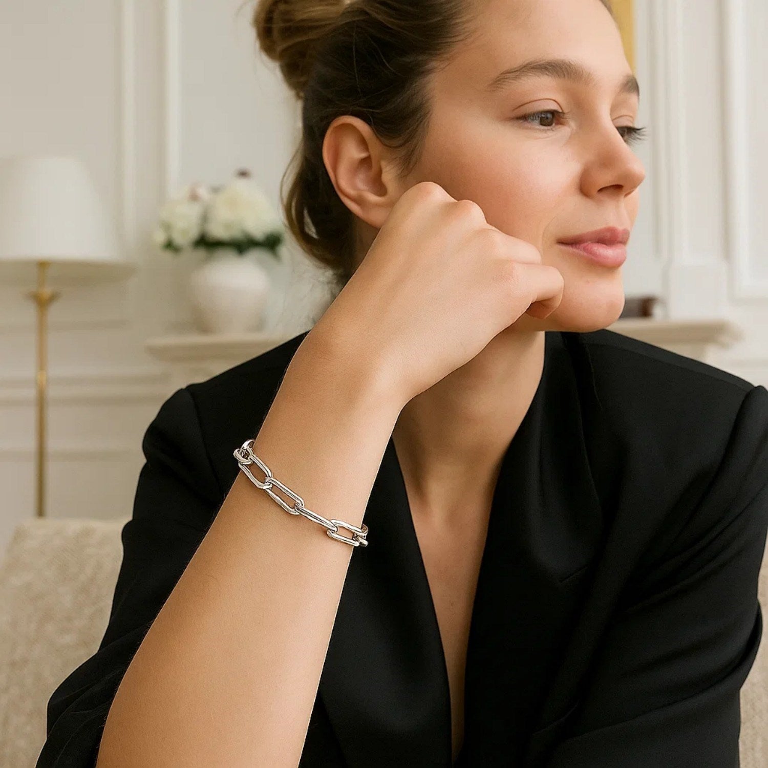 14K white gold extra wide paperclip chain bracelet, contemporary design, 6.10 mm links for a luxurious statement.