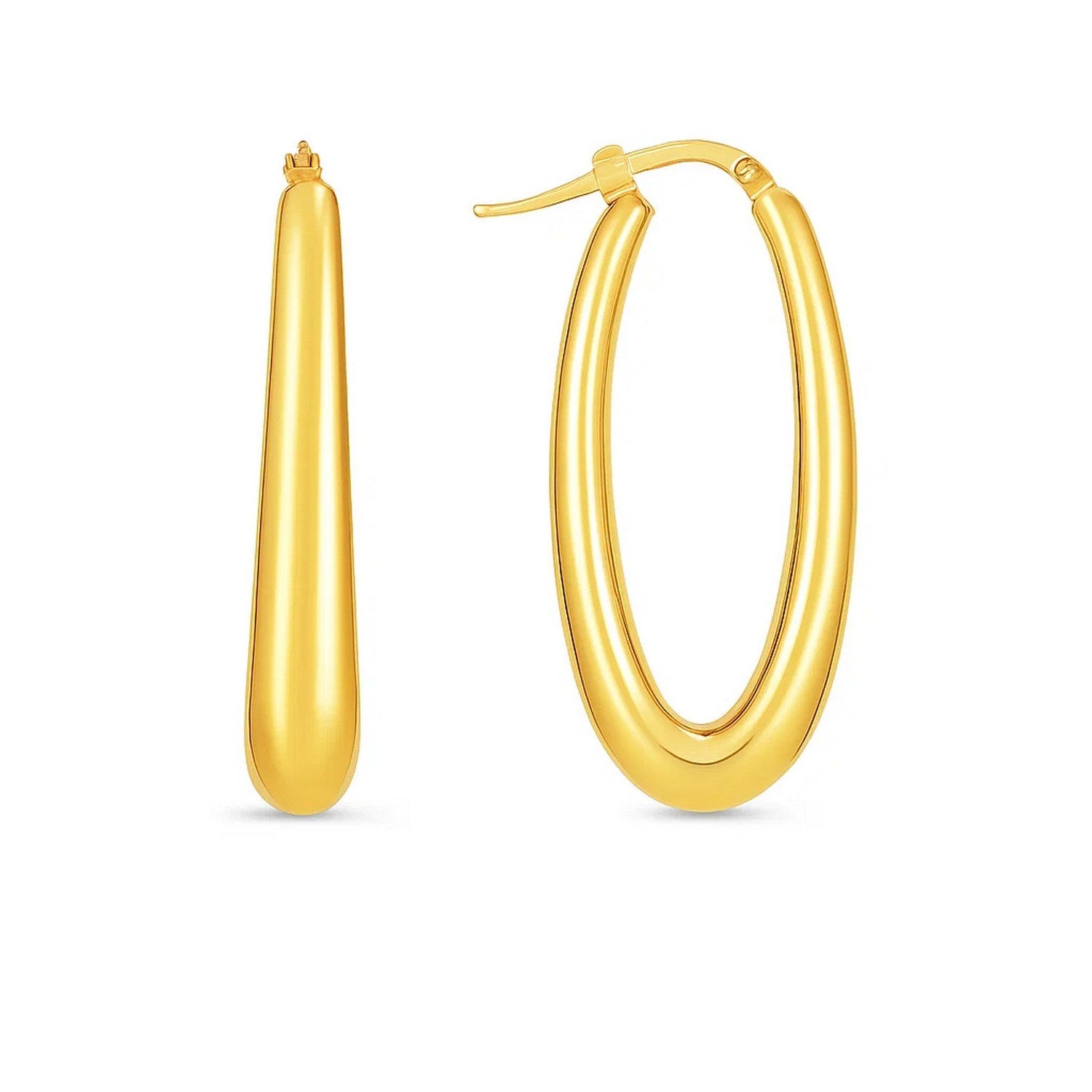 14k yellow gold elongated oval hoop earrings with a contemporary design, perfect for elegant everyday wear.