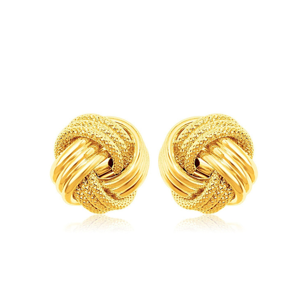 14k yellow gold textured love knot earrings, showcasing a modern design with luxurious elegance and intricate craftsmanship.